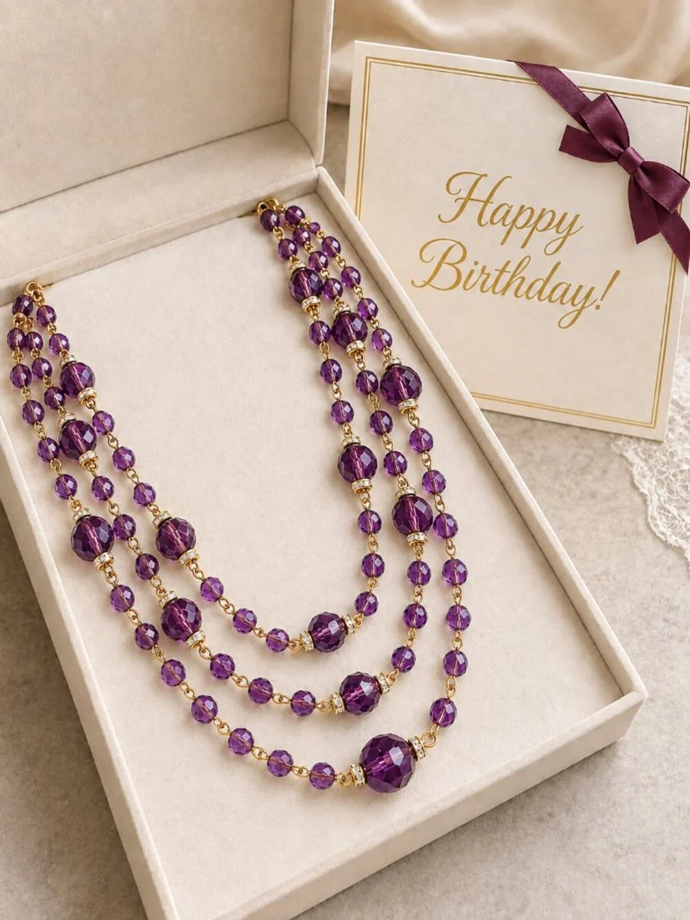Vintage Sequin New York Triple-Strand Purple Glass Bead Necklace